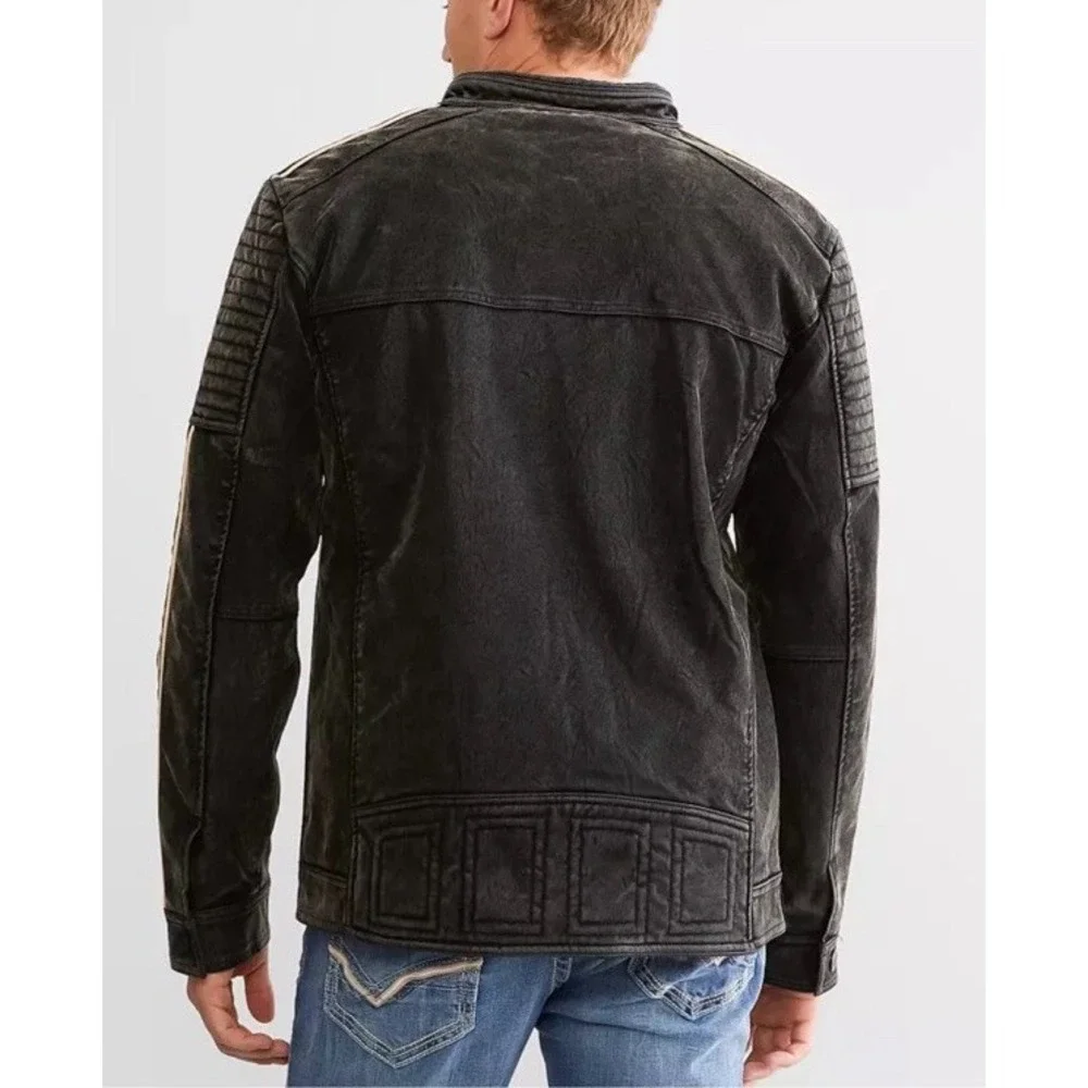 Buckle‎ Faux Suede Jacket Men's Small Black Distressed Zip Biker Piping Details